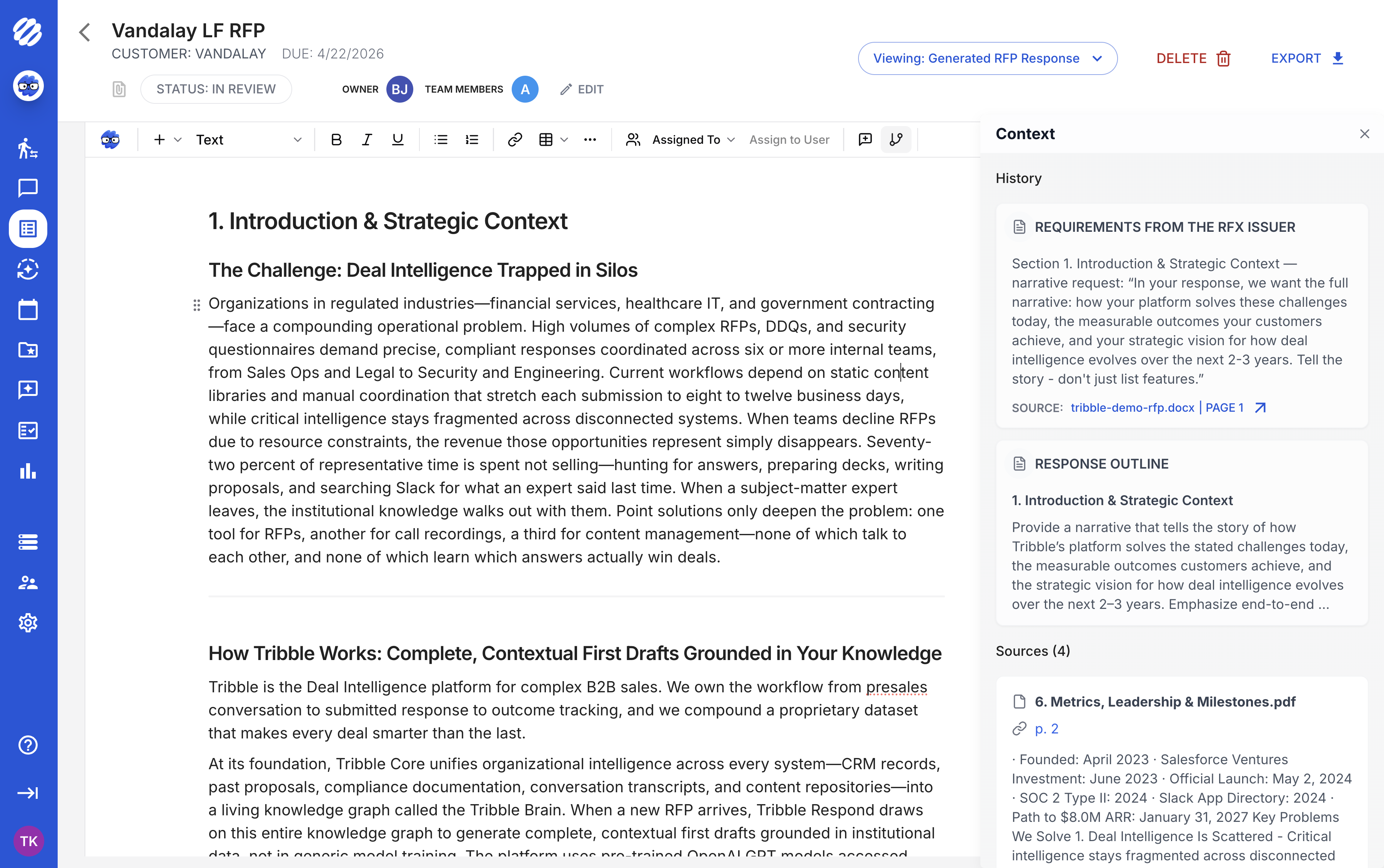 Tribble response editor showing generated proposal answers with context and cited sources